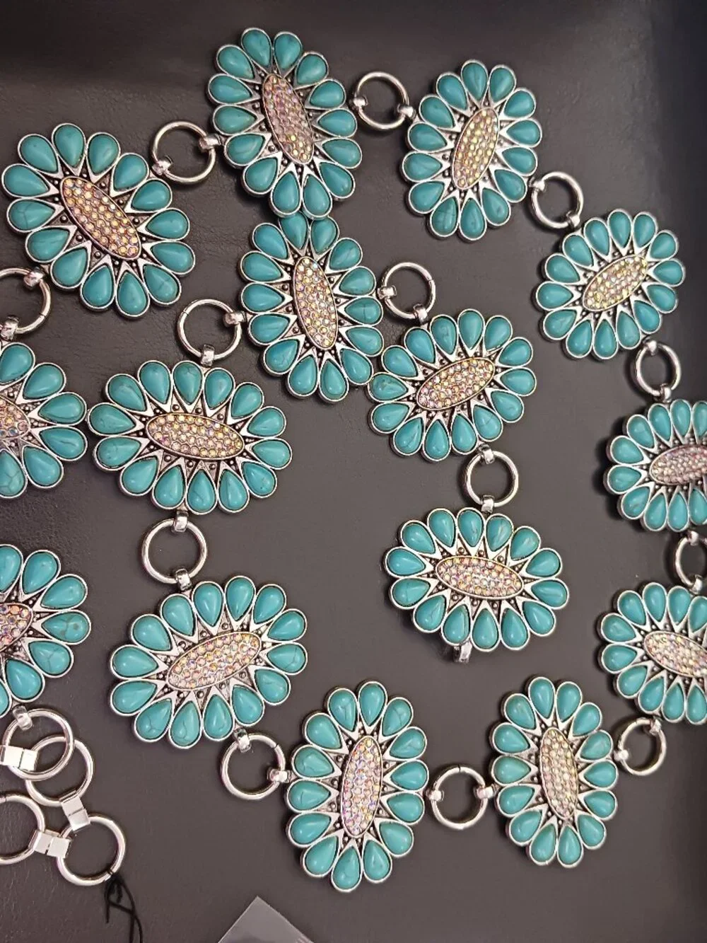 Concho Belt Turquoise Colored Stone with Crystal Stone Center